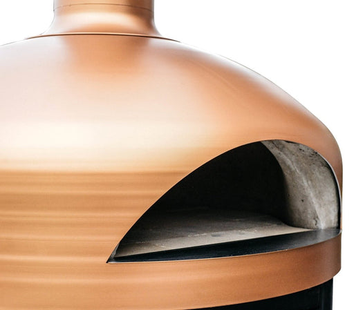 polito giotto wood fired pizza oven in copper with benchstand close up of the mouth opening
